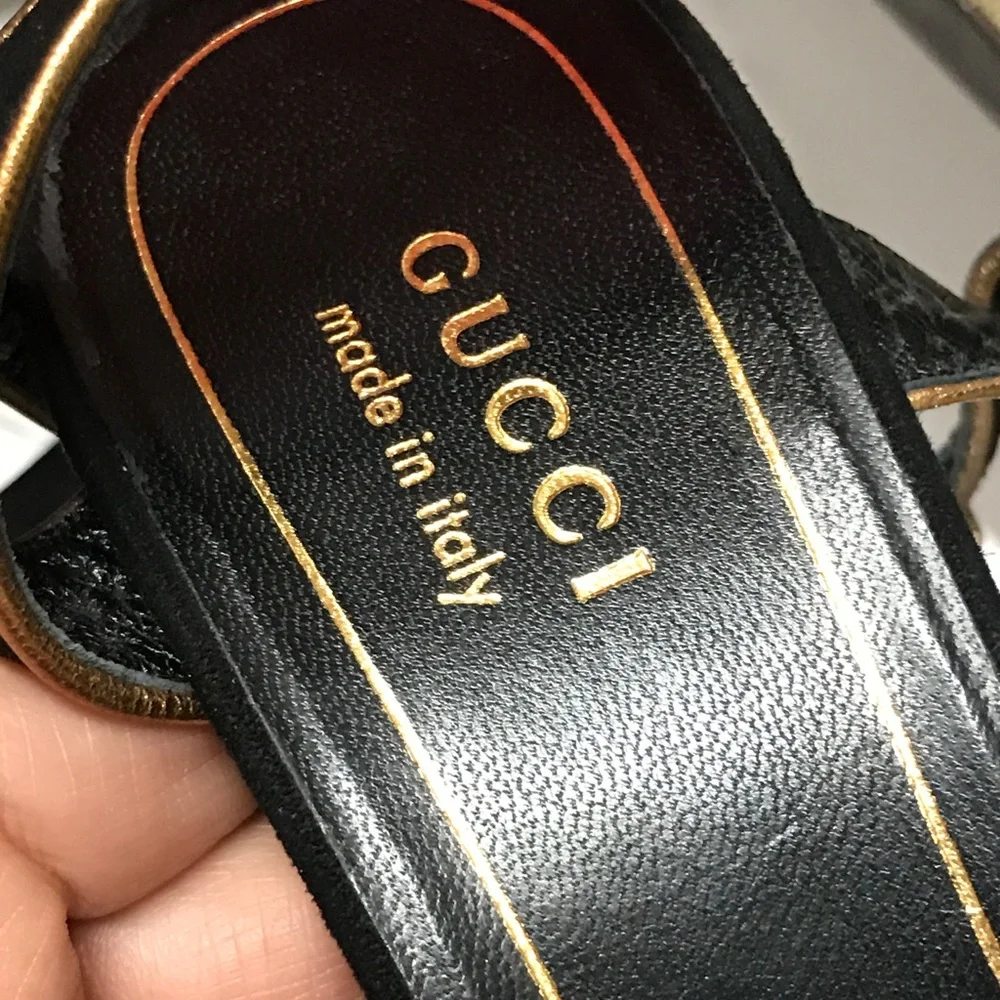 Gucci Black Platform Sandals with Gold Trim - Picture 5 of 13